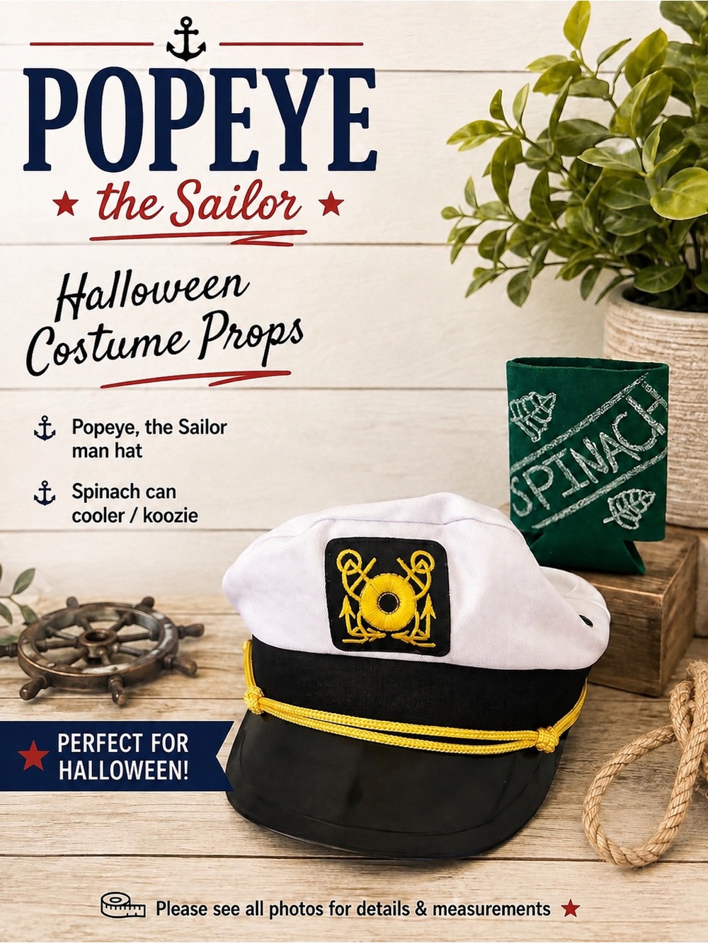 ⚓ Popeye The Sailor Man Hat & Spinach Koozie Halloween Costume Props